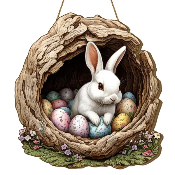 Easter Wooden Sign Easter Bunny Egg Rabbit Wood Welcome Sign For Easter Spring Holiday Front Door Home Wall Hanging Decor