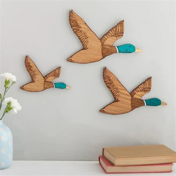3Pcs Flying Ducks Wood Wall Decor Flat Wooden Wall Art 1950s Retro Home Decoration Self-adhesive Wood Crafts Living Room Decor